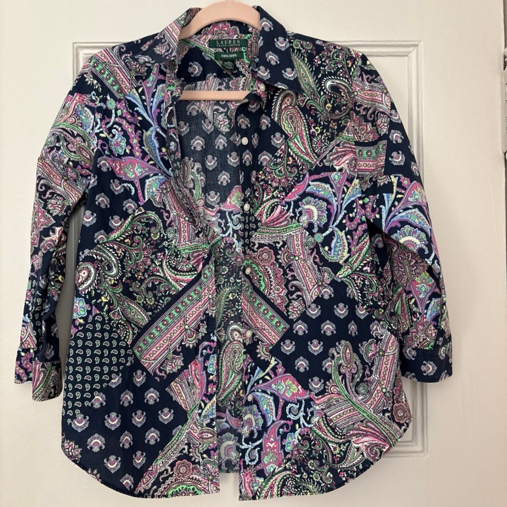 Ralph Lauren Navy Paisley Button-Down Shirt 3/4 Sleeve